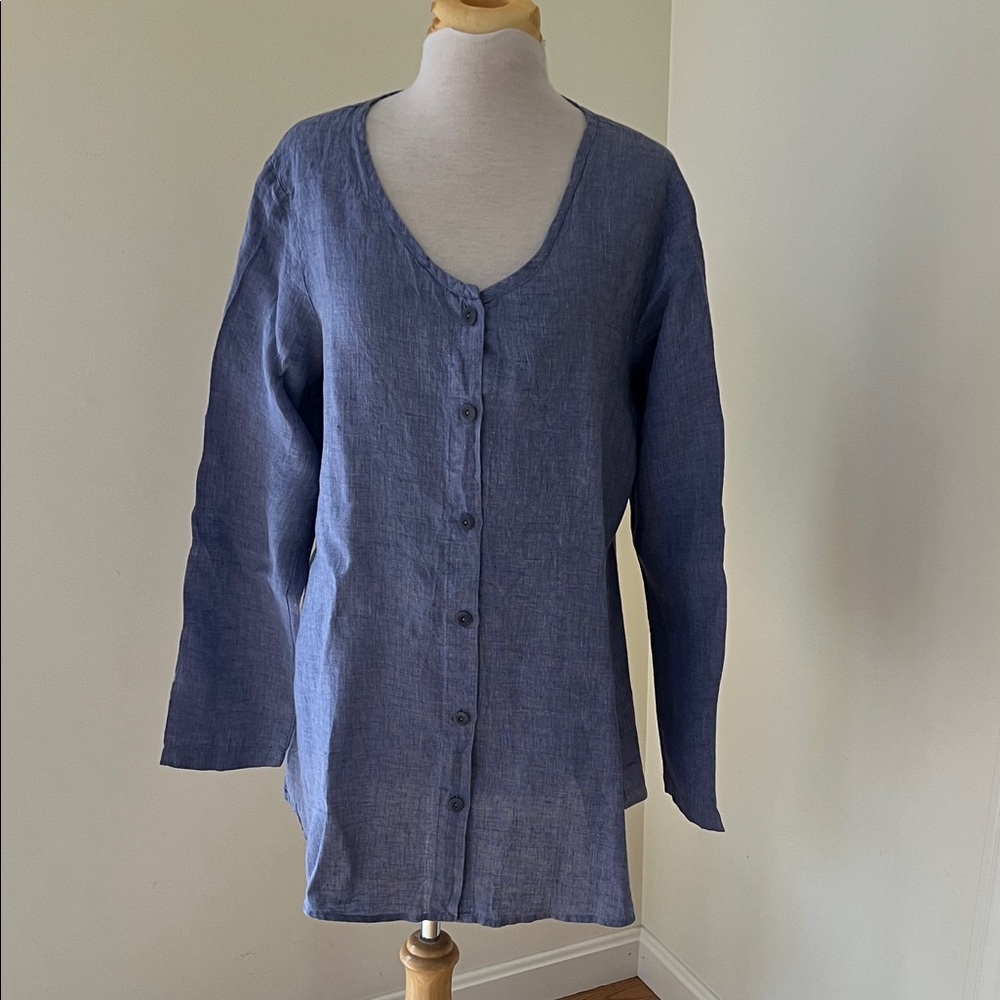 Flax medium Blue Button-Up Women's linen Top.